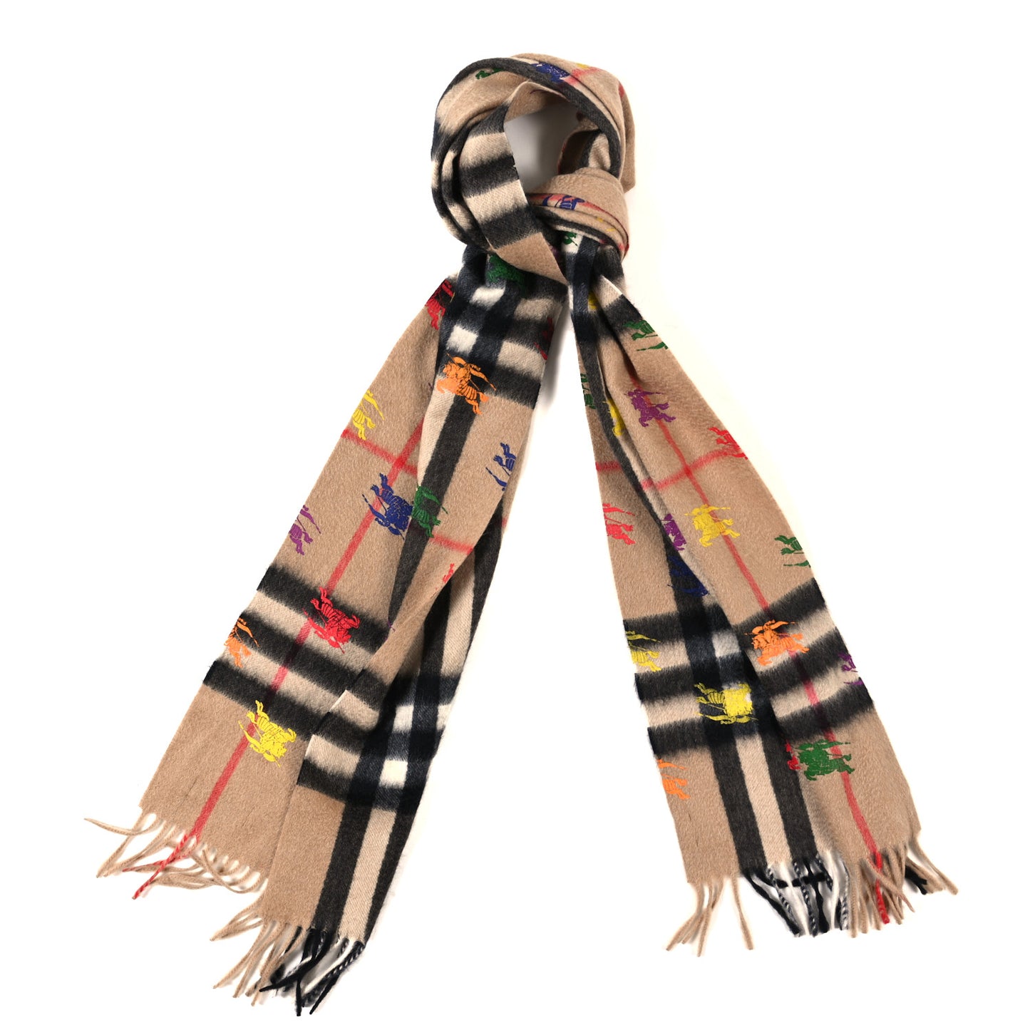 Cashmere Giant Check EKD Fringe Scarf Camel Multicolor