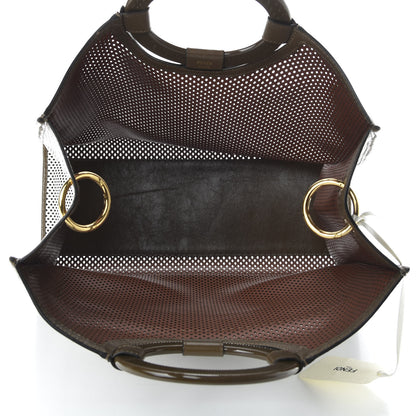 Fendi Vitello Liberty Glossy Lambskin Perforated Large Runaway Shopper Tote White Ice Rust Maya 5 of 10