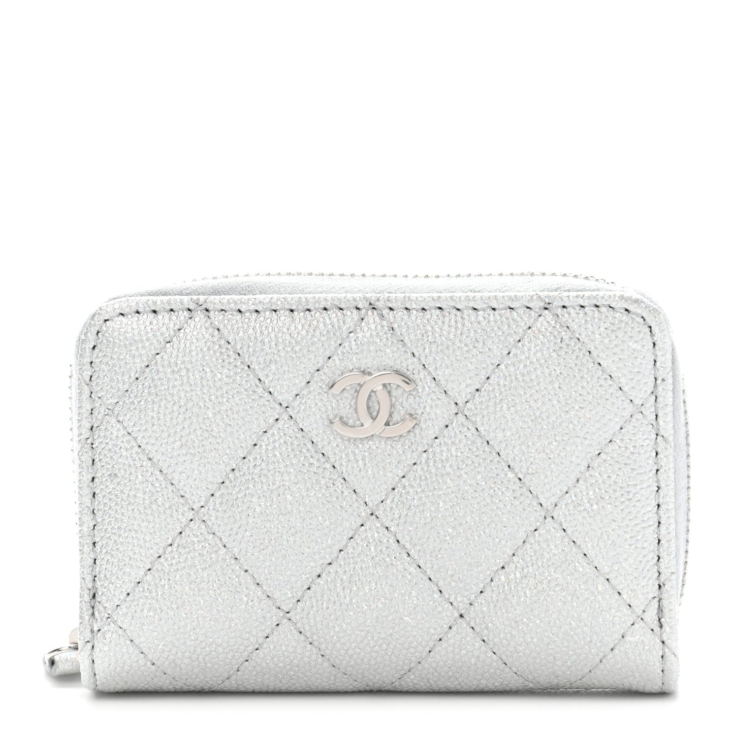 Glittered Metallic Caviar Quilted Zip Coin Purse Wallet Silver