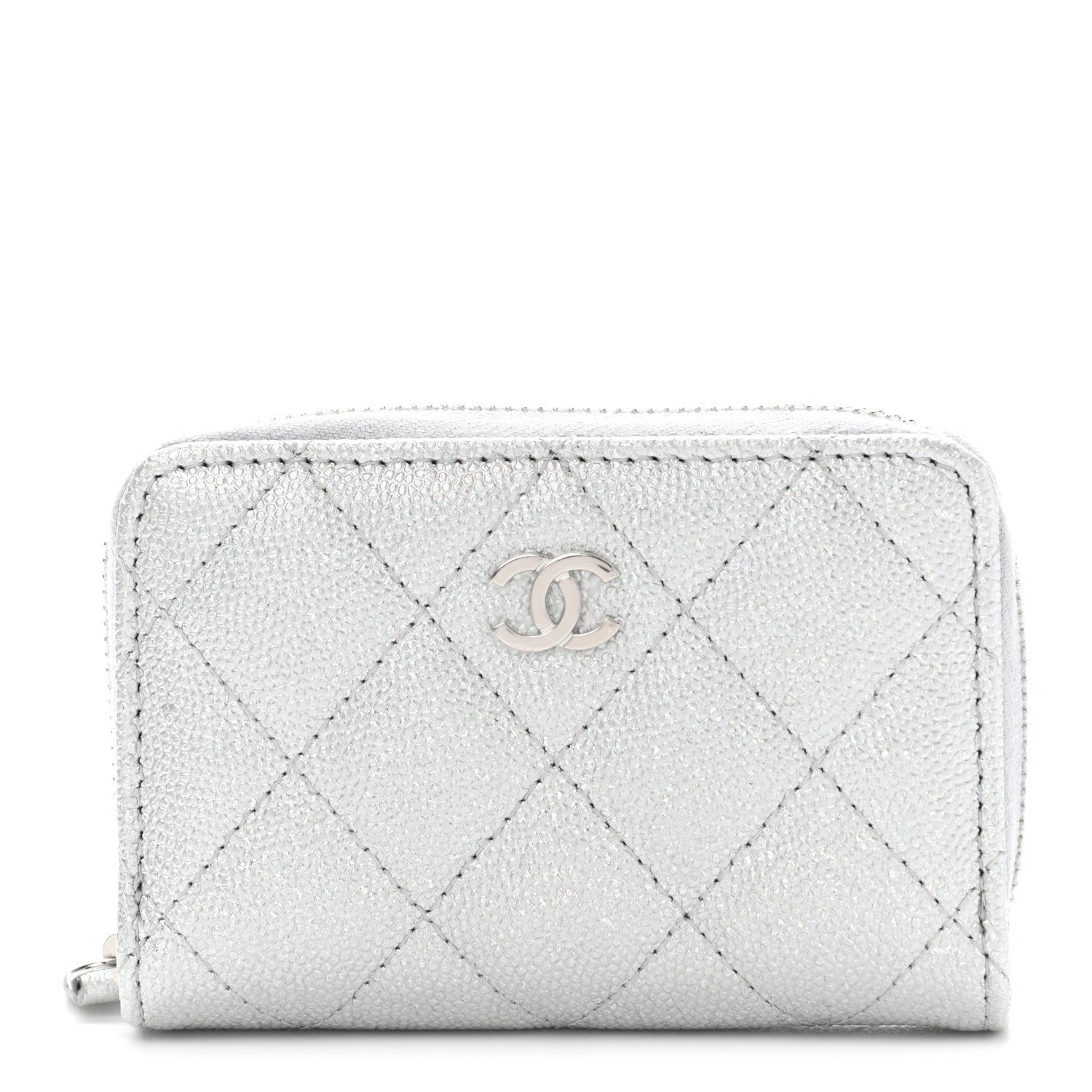 Chanel Glittered Metallic Caviar Quilted Zip Coin Purse Wallet Silver 1 of 7