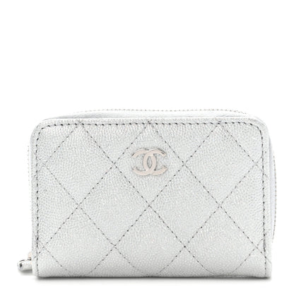 Chanel Glittered Metallic Caviar Quilted Zip Coin Purse Wallet Silver 1 of 7