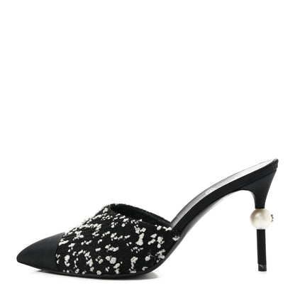 Chanel Tweed Grosgrain Pearl Mules 38 Black White 1 of 8