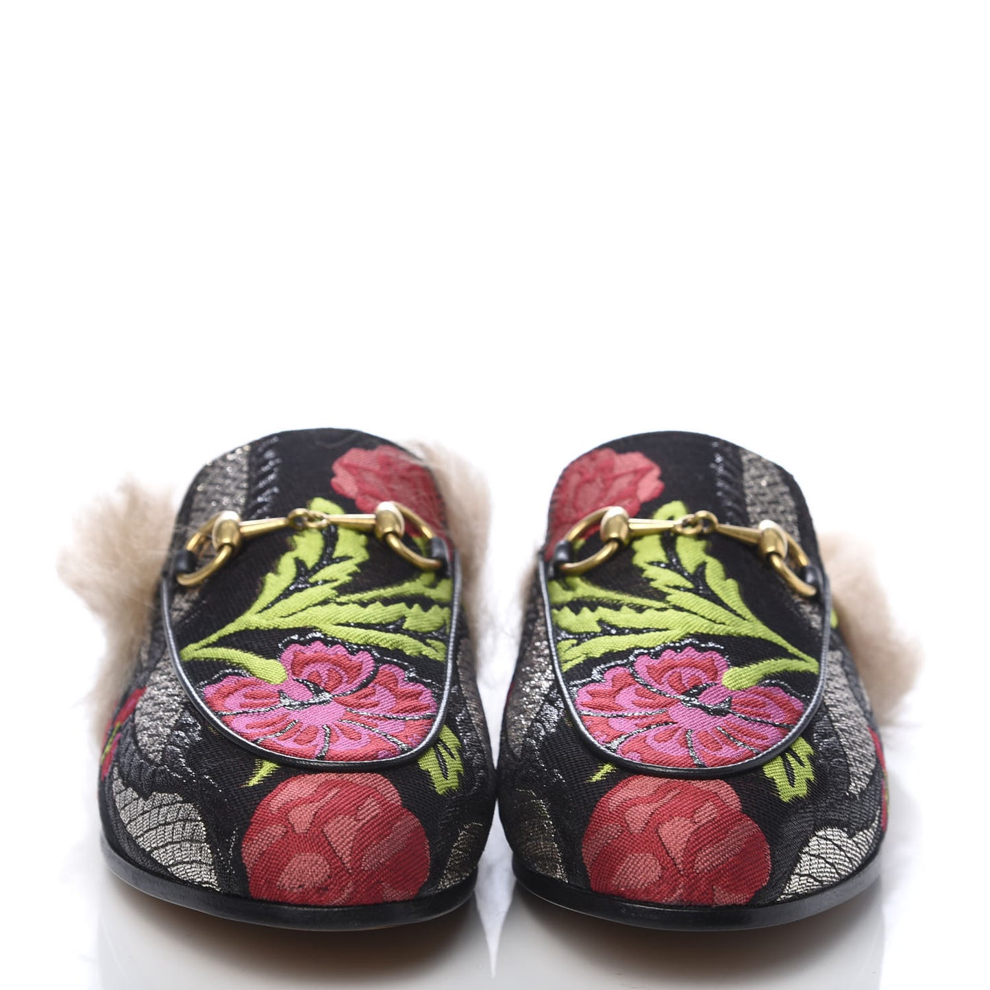 Brocade Fur Floral Womens Princetown Slippers 36 Black Anthracite