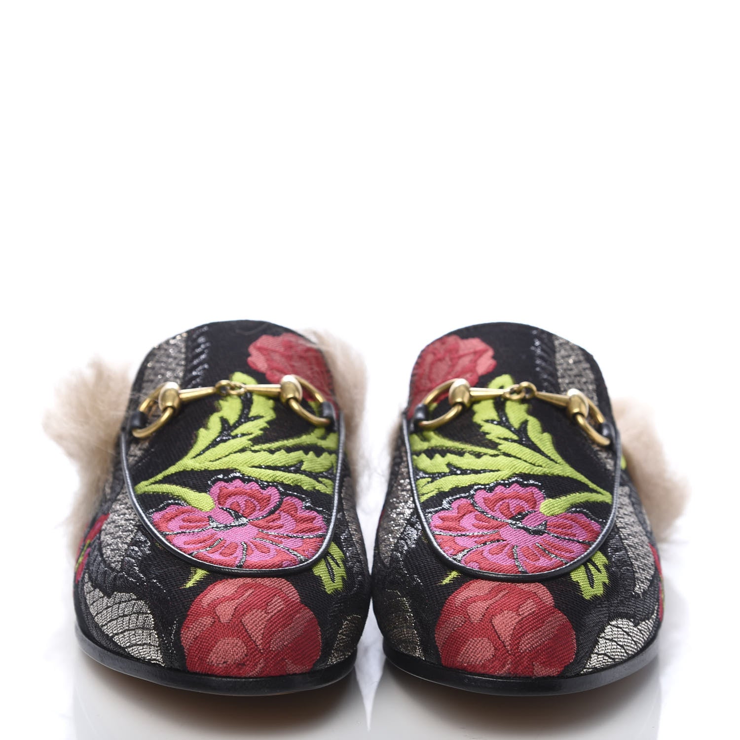 Gucci Brocade Fur Floral Womens Princetown Slippers 36 Black Anthracite 2 of 9