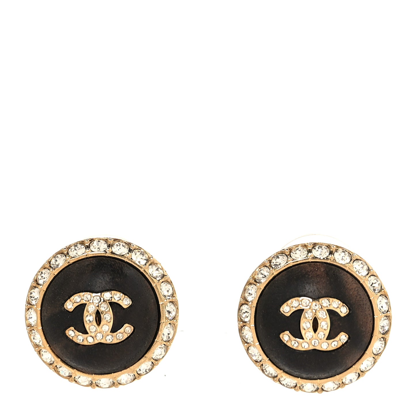 Metal Wood Crystal CC Round Earrings Gold Brown