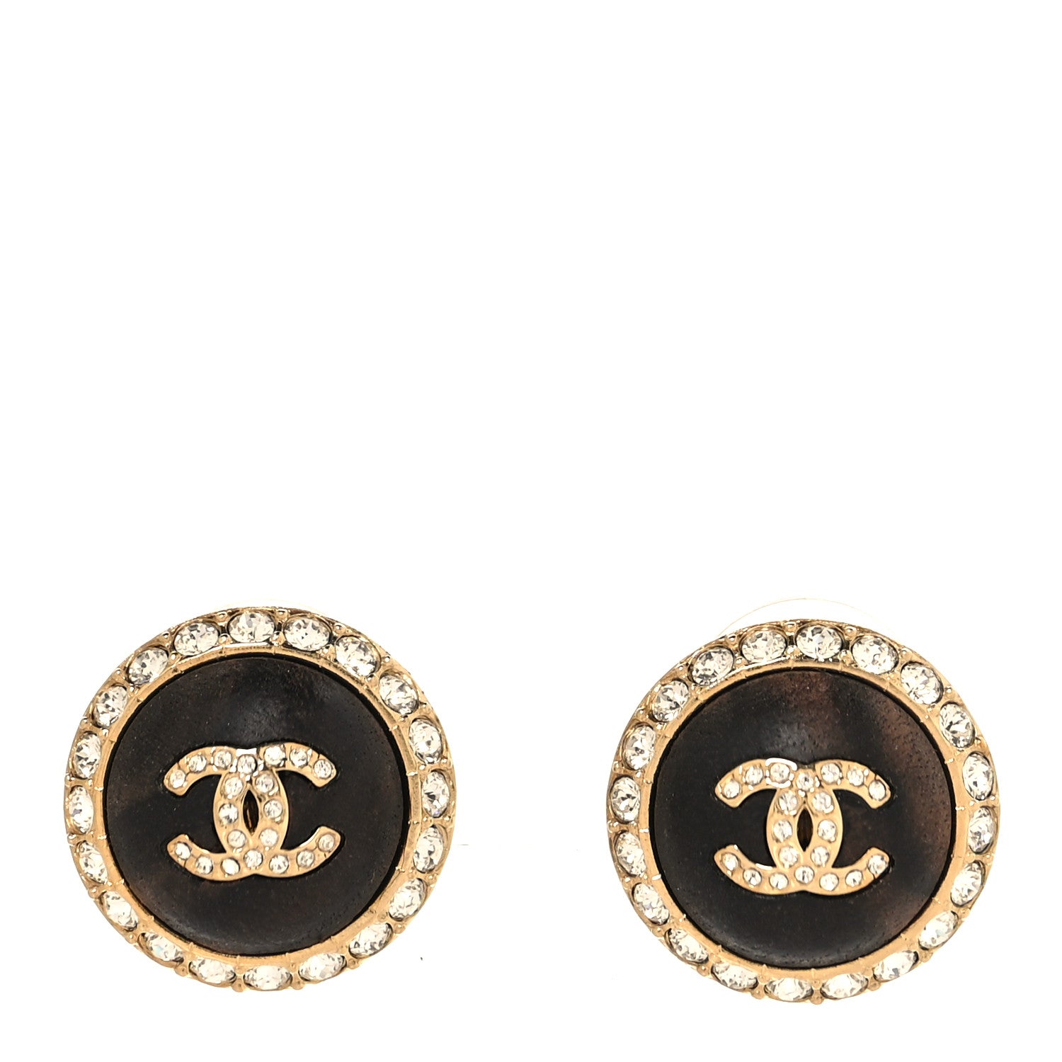 Chanel Metal Wood Crystal CC Round Earrings Gold Brown 1 of 5