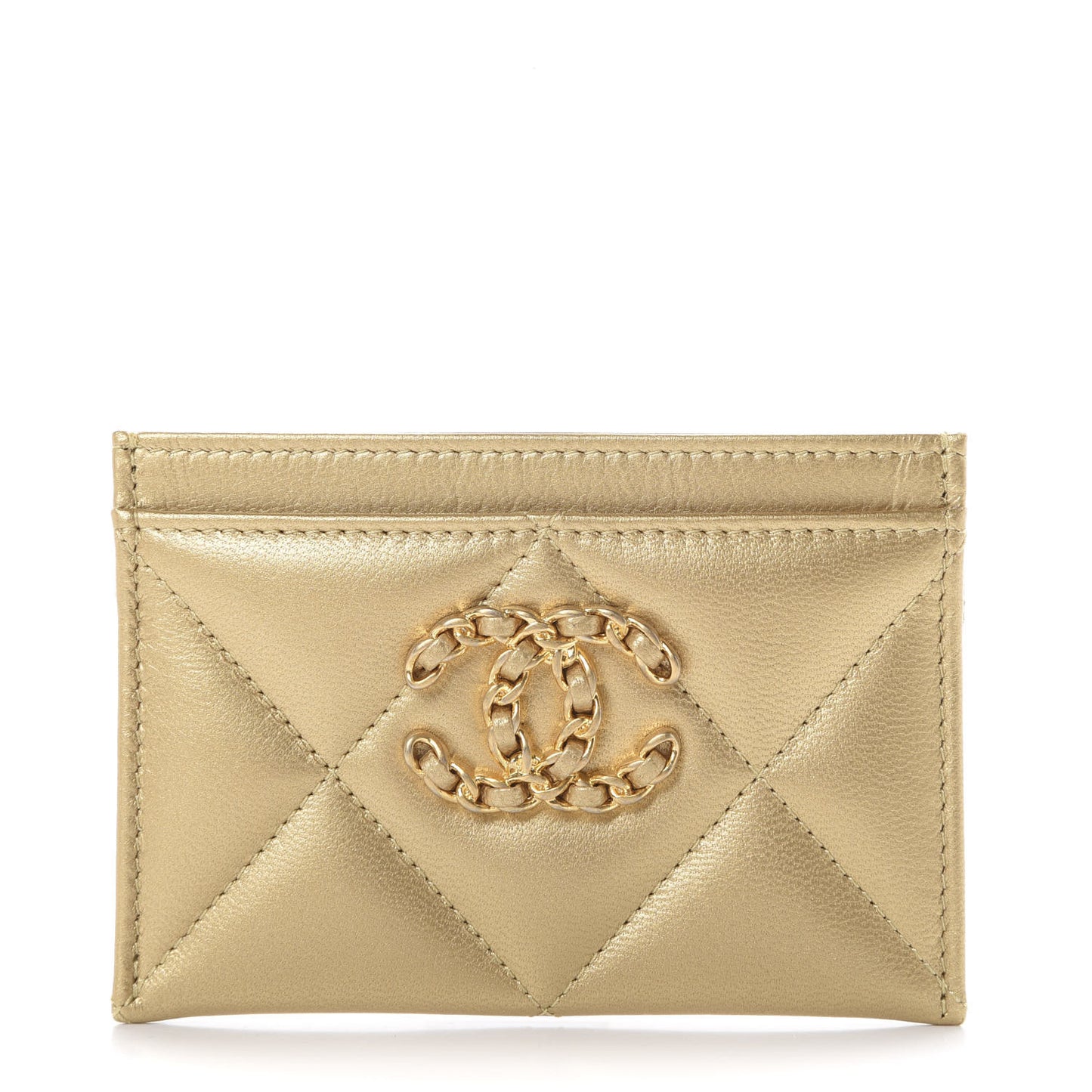 Metallic Goatskin Quilted Chanel 19 Card Holder Gold