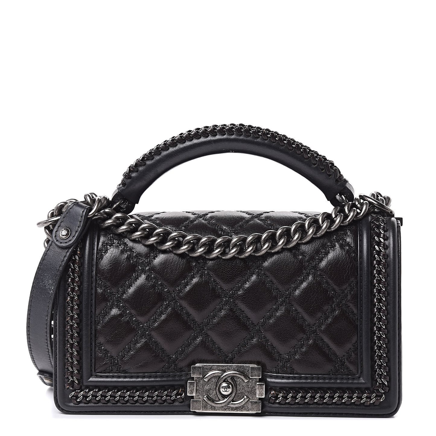 Calfskin Quilted Medium Boy Top Handle Flap Black