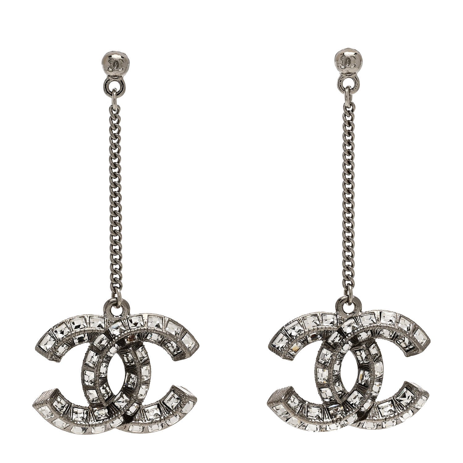Chanel Baguette Crystal CC Drop Earrings Silver 1 of 5