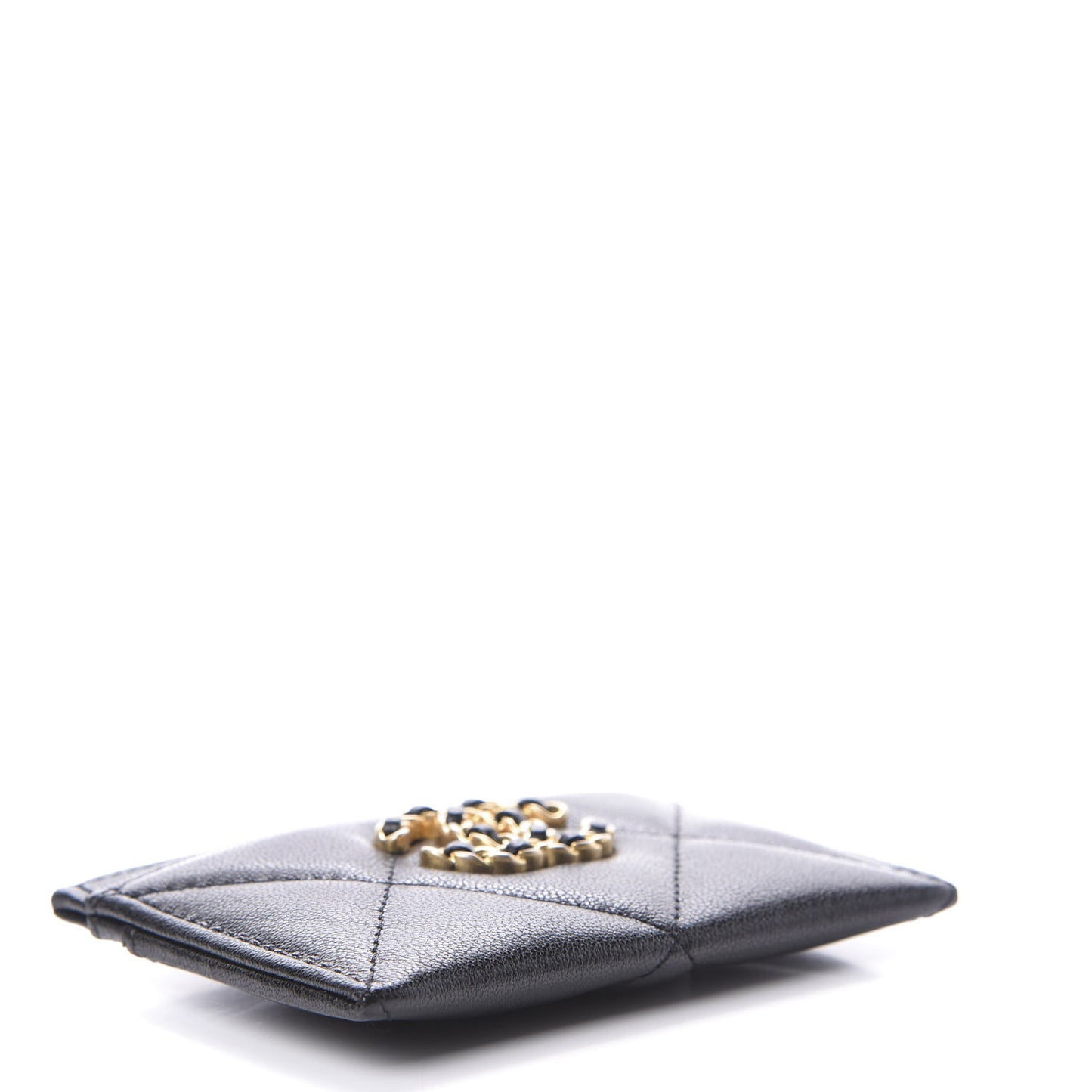 Shiny Goatskin Quilted Chanel 19 Card Holder Black