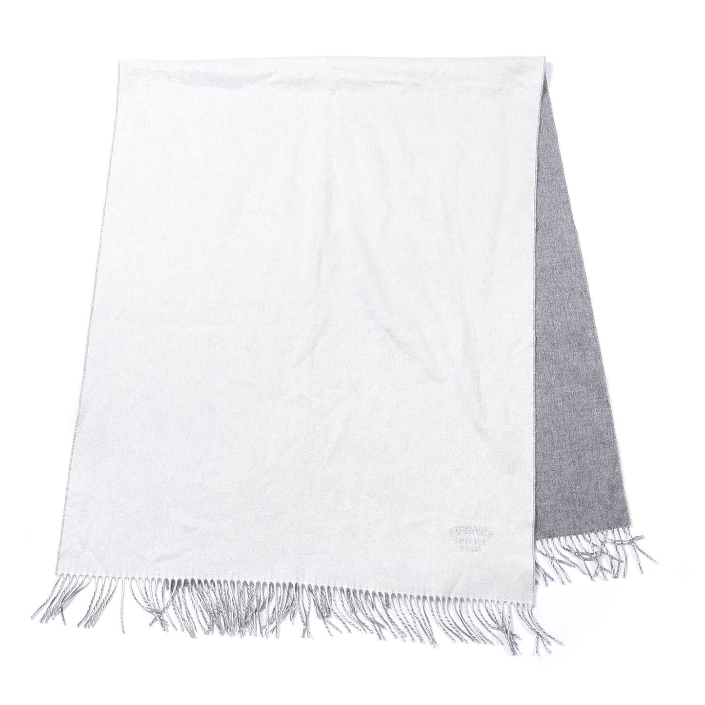 Cashmere Fringe Double Face Stole Gris Flanelle Ivoire