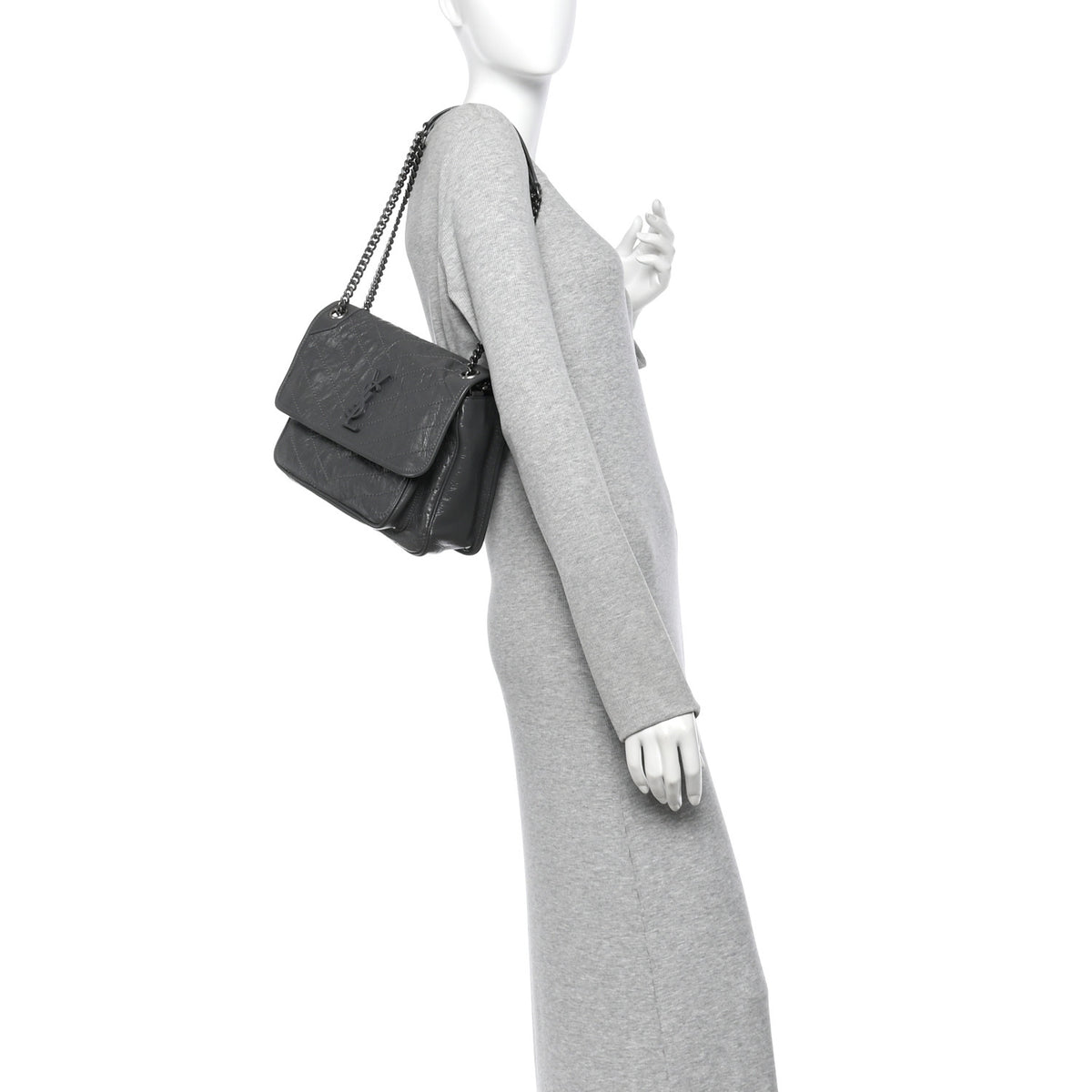 Crinkled Calfskin Matelasse Monogram Medium Niki Chain Satchel Fog