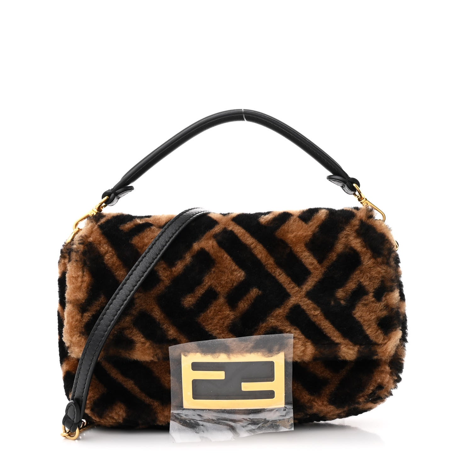 Fendi Shearling Vitello Dolce Macro FF 1974 Mini Baguette Tobacco Black 1 of 10