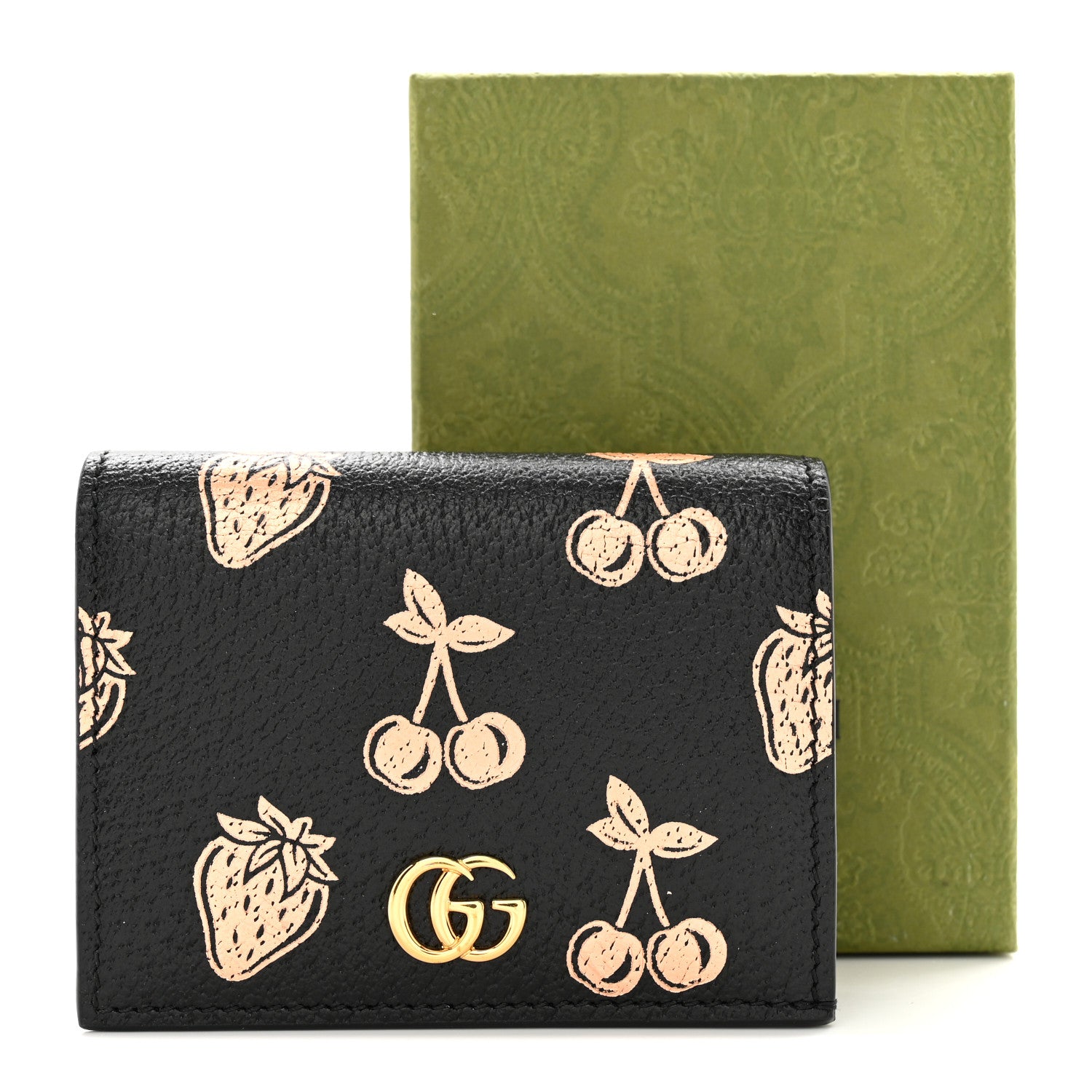 Gucci Textured Dollar Calfskin Berry Print GG Marmont Card Case Black Light Copper 8 of 8