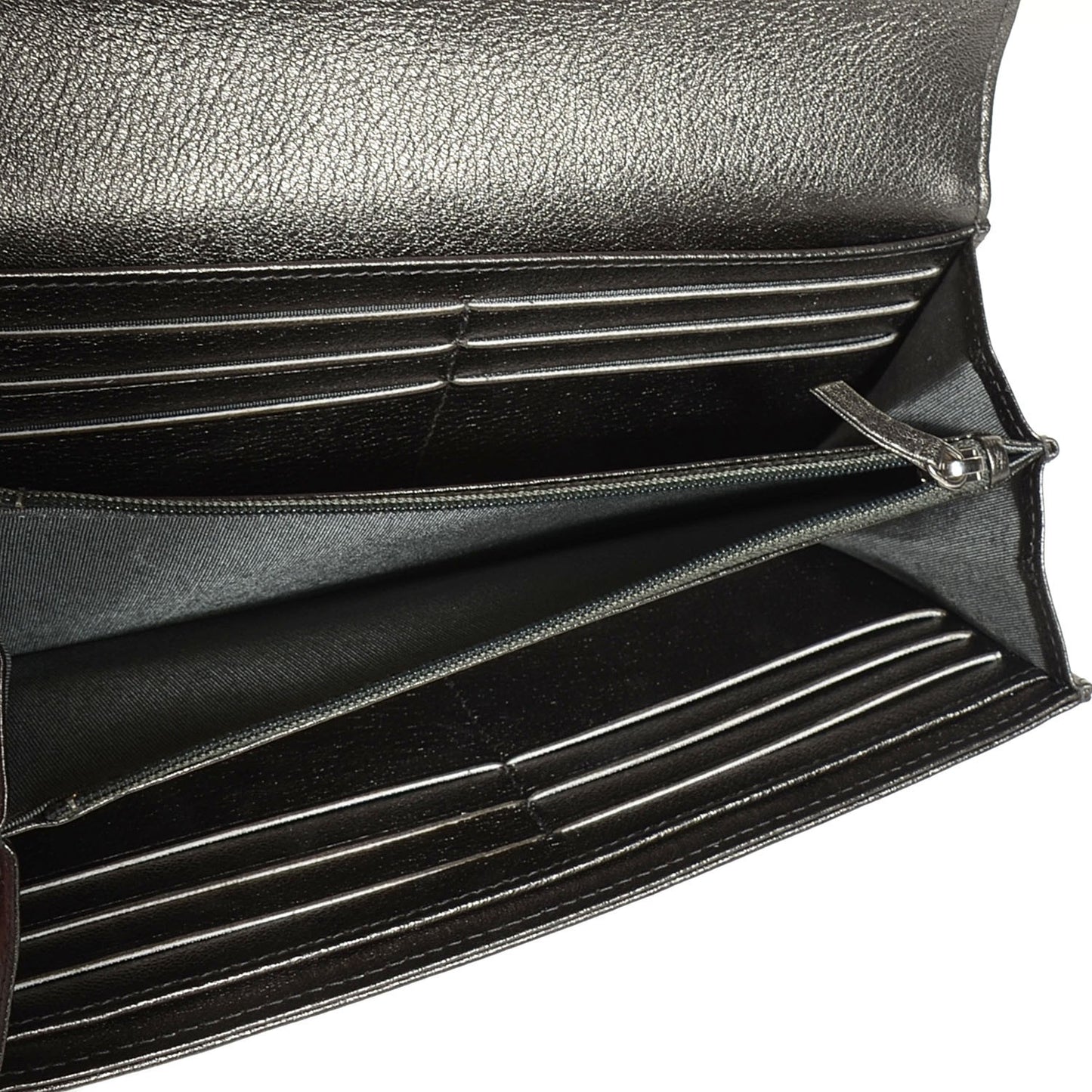 Calfskin Quilted Diamond CC Large Gusset Flap Wallet Dark Silver