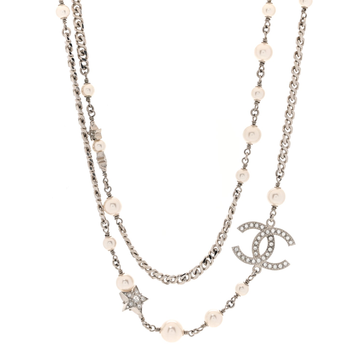 Chanel Pearl Crystal CC Starfall Necklace Silver 1 of 5