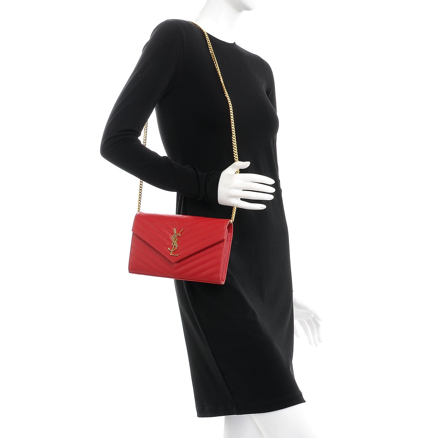 Saint Laurent Grain De Poudre Matelasse Chevron Monogram Chain Wallet New Red 2 of 8
