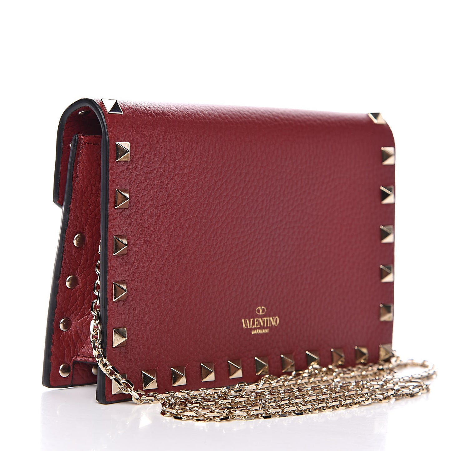 Pebbled Calfskin Rockstud Envelope Wallet on Chain Rubino