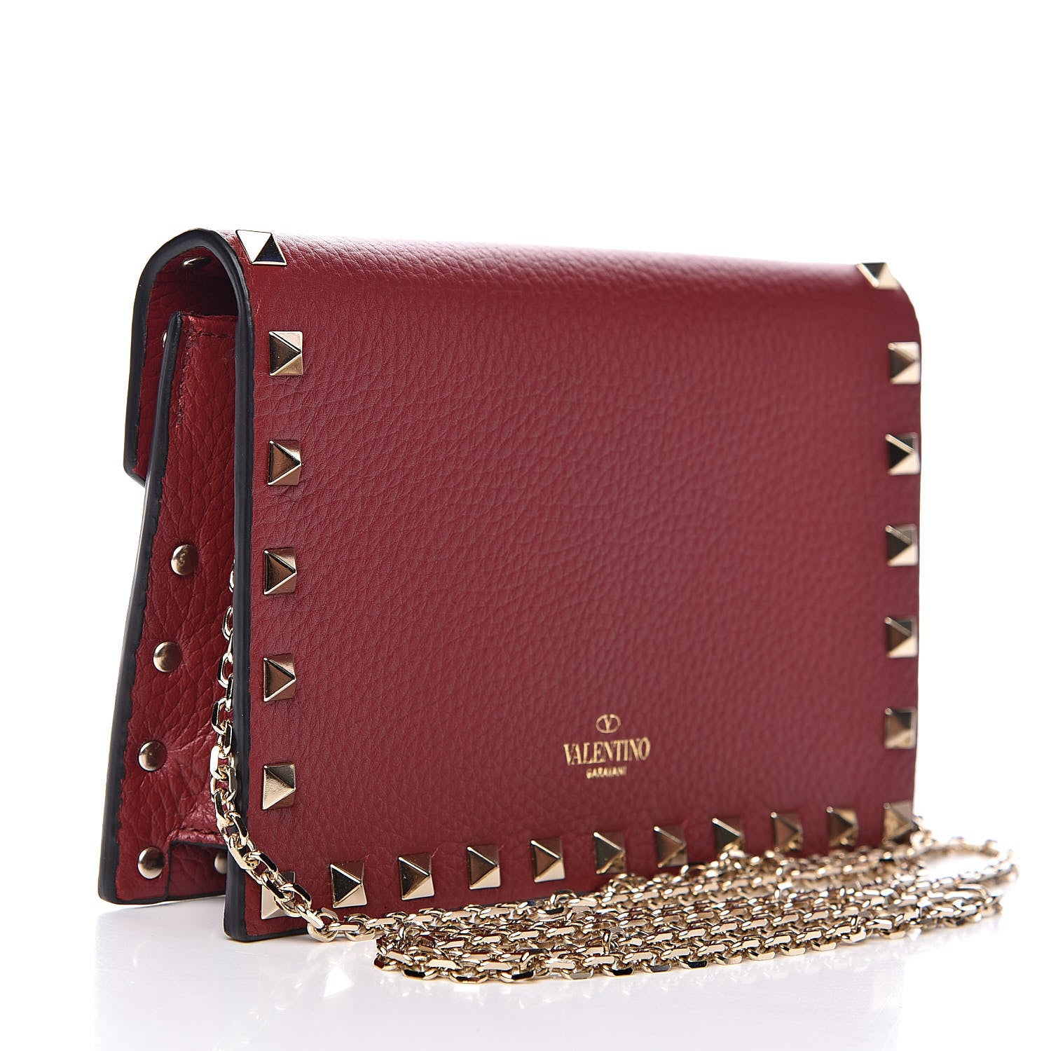 Valentino Garavani Pebbled Calfskin Rockstud Envelope Wallet on Chain Rubino 3 of 10