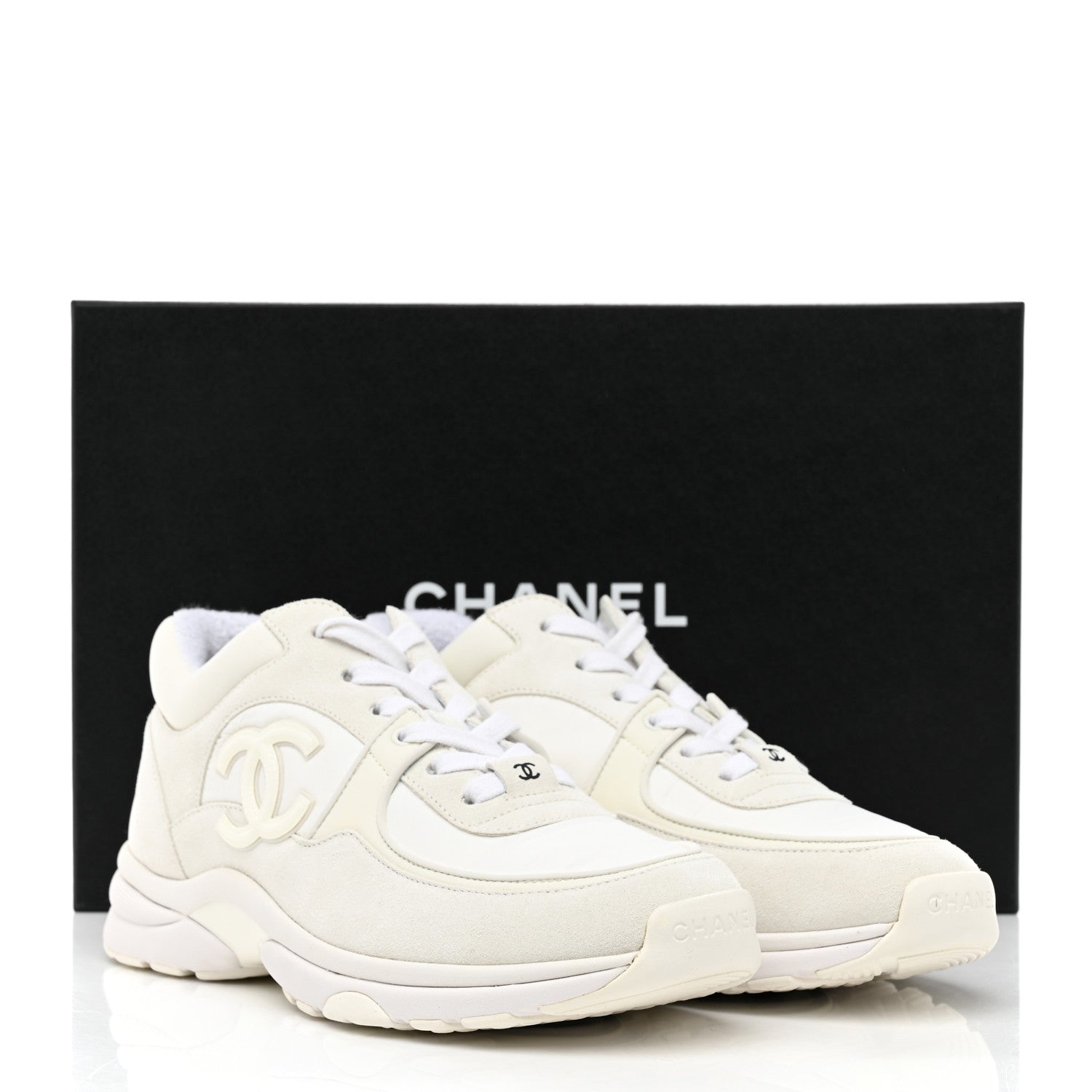 Chanel Suede Calfskin Fabric CC Sneakers 37.5 White 9 of 9