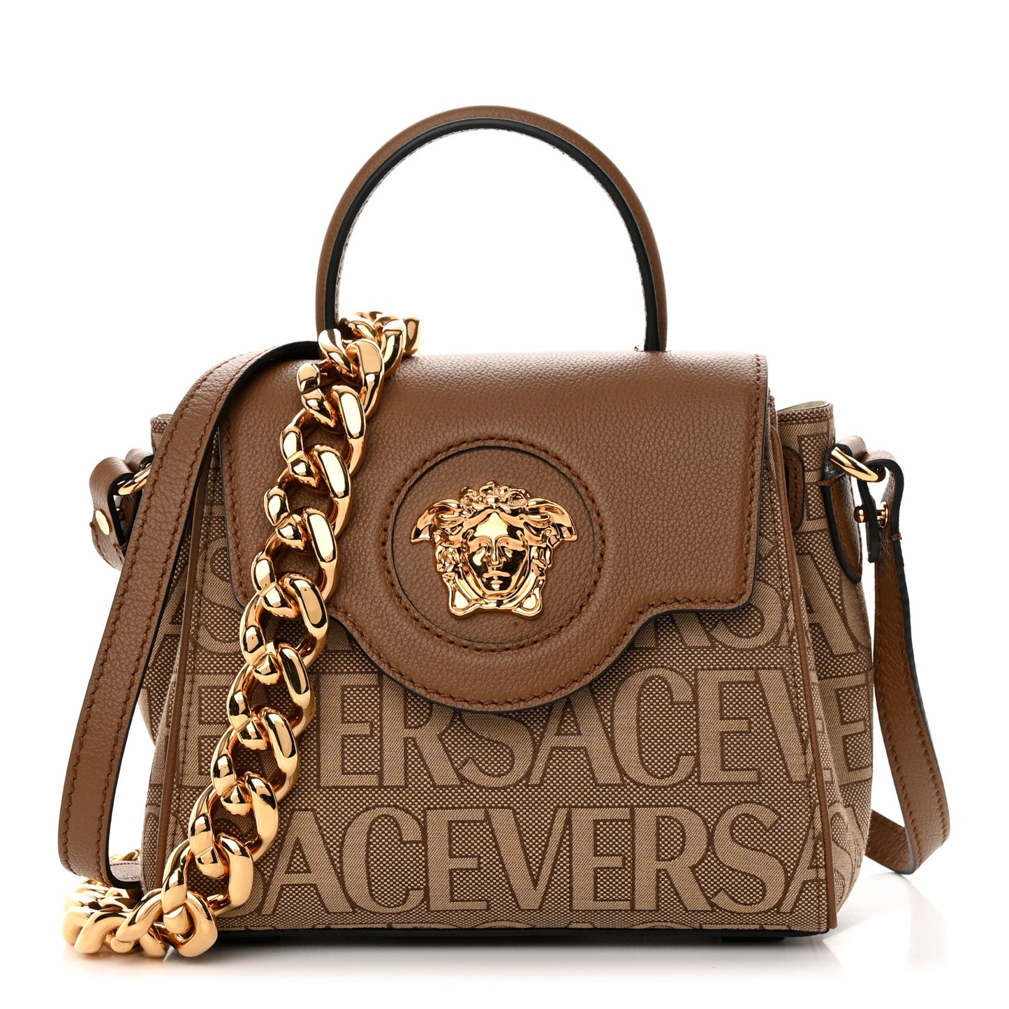 Calfskin Canvas Allover La Medusa Small Top Handle Handbag Brown
