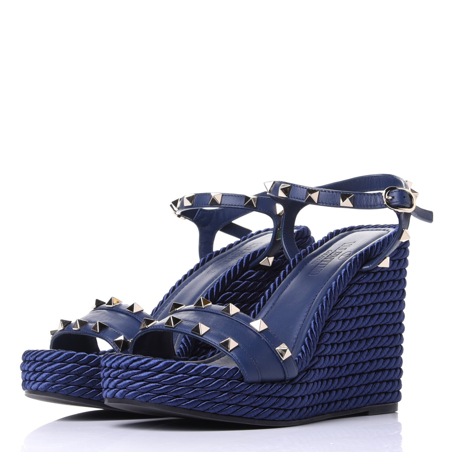 Valentino Garavani Calfskin Rockstud Torchon Espadrille Wedge Sandals 37 Pure Blue 4 of 10