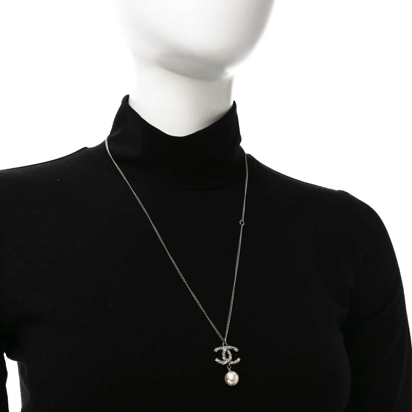 Crystal Pearl Twisted CC Drop Necklace Silver