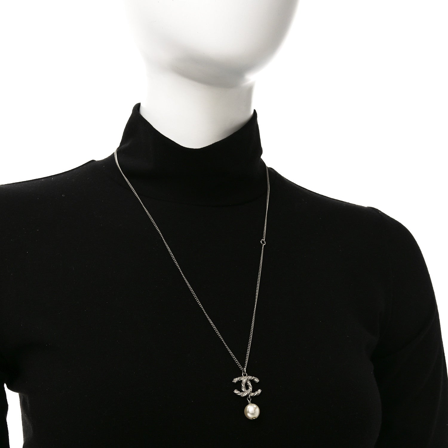 Chanel Crystal Pearl Twisted CC Drop Necklace Silver 2 of 4