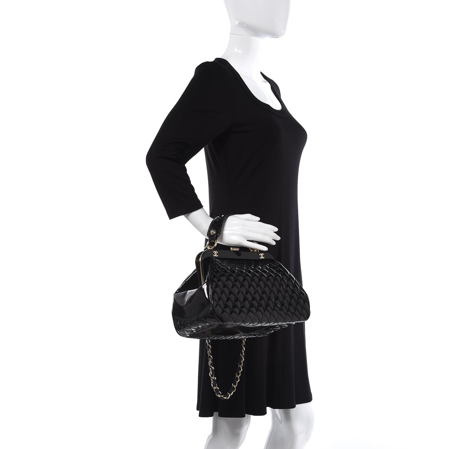 Glazed Calfskin Quilted Small Mademoiselle Frame Bag Black