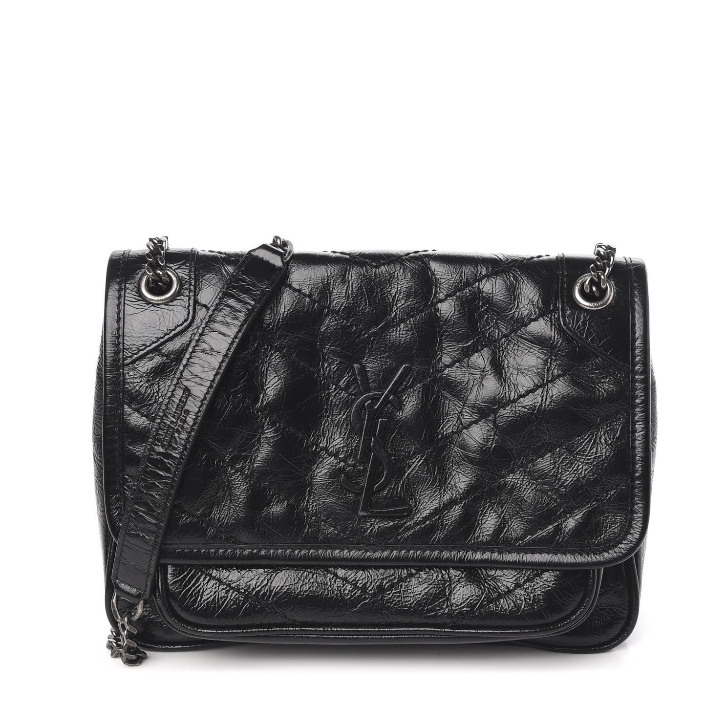 Crinkled Calfskin Matelasse Monogram Baby Niki Chain Satchel Black