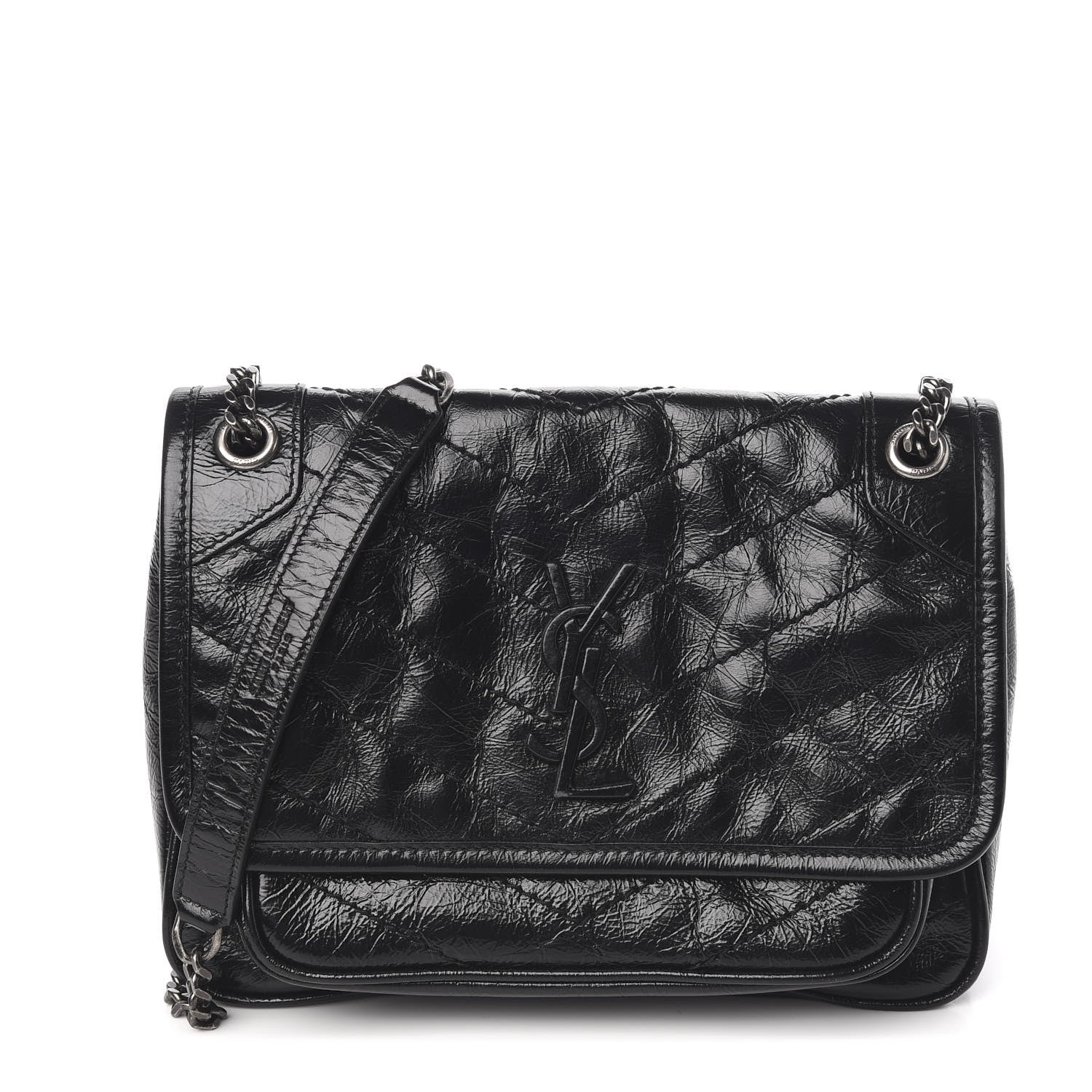 Saint Laurent Crinkled Calfskin Matelasse Monogram Baby Niki Chain Satchel Black 1 of 9