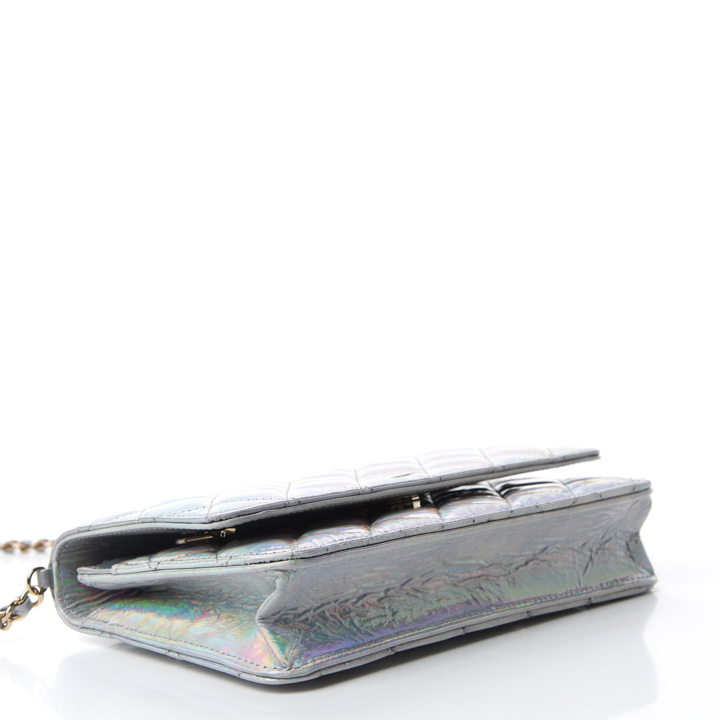 Iridescent Goatskin Quilted Wallet On Chain WOC Silver