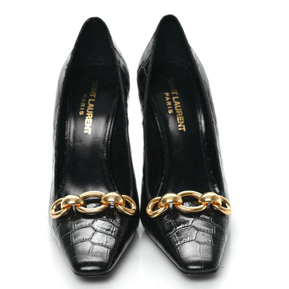 Saint Laurent Calfskin Crocodile Embossed Silvana 110mm Pumps 35.5 Black 2 of 8