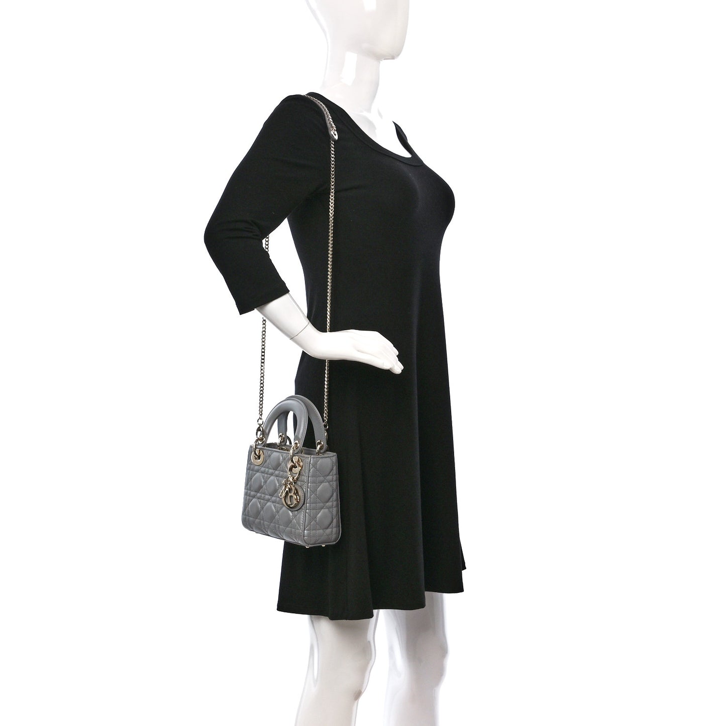 Metallic Lambskin Cannage Mini Lady Dior Grey