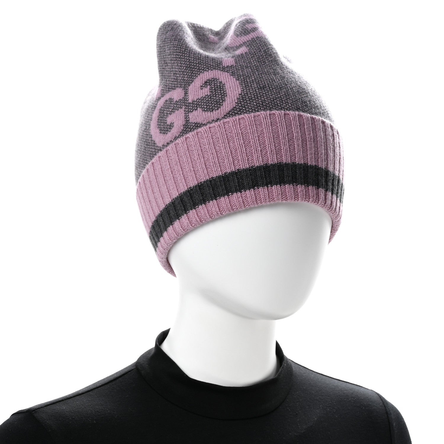 Gucci Cashmere Jacquard Monogram Jumbo GG Canvy Hat Beanie Hat M Graphite Pink 2 of 7
