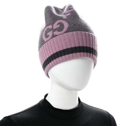 Gucci Cashmere Jacquard Monogram Jumbo GG Canvy Hat Beanie Hat M Graphite Pink 2 of 7