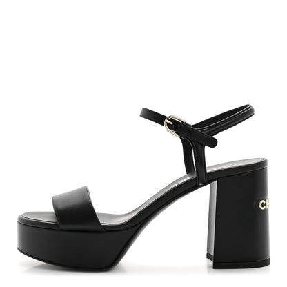 Chanel Lambskin Logo Platform Sandals 38 Black 1 of 11