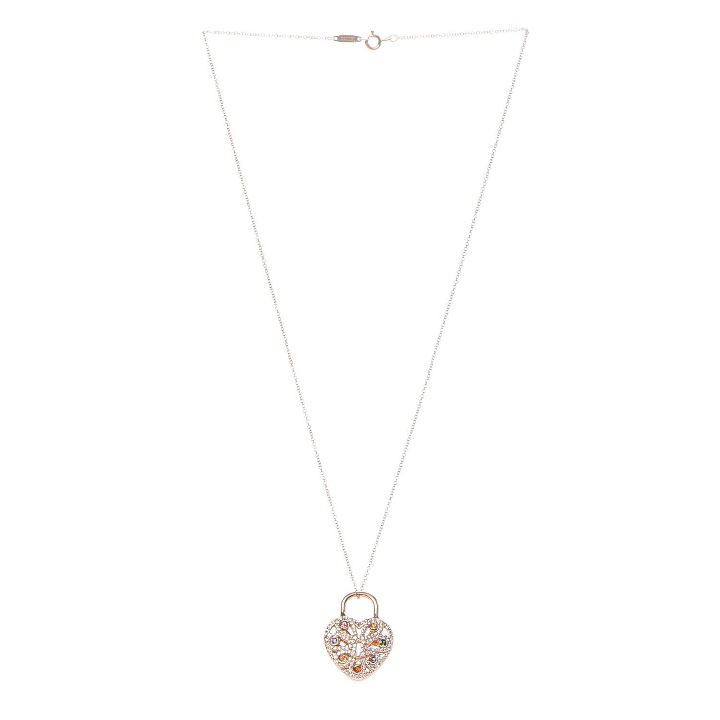 18K Rose Gold Diamond Multistone Filigree Heart Pendant Necklace