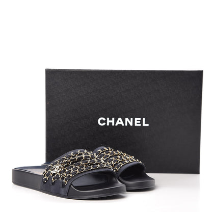 Chanel Canvas Chain Flat Sandals 38 Marine 11 of 11