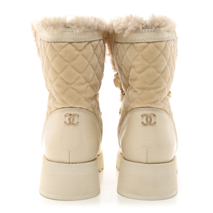 Chanel Shiny Crumpled Calfskin Velvet Shearling Lace Up Boots 40 Ivory 5 of 10