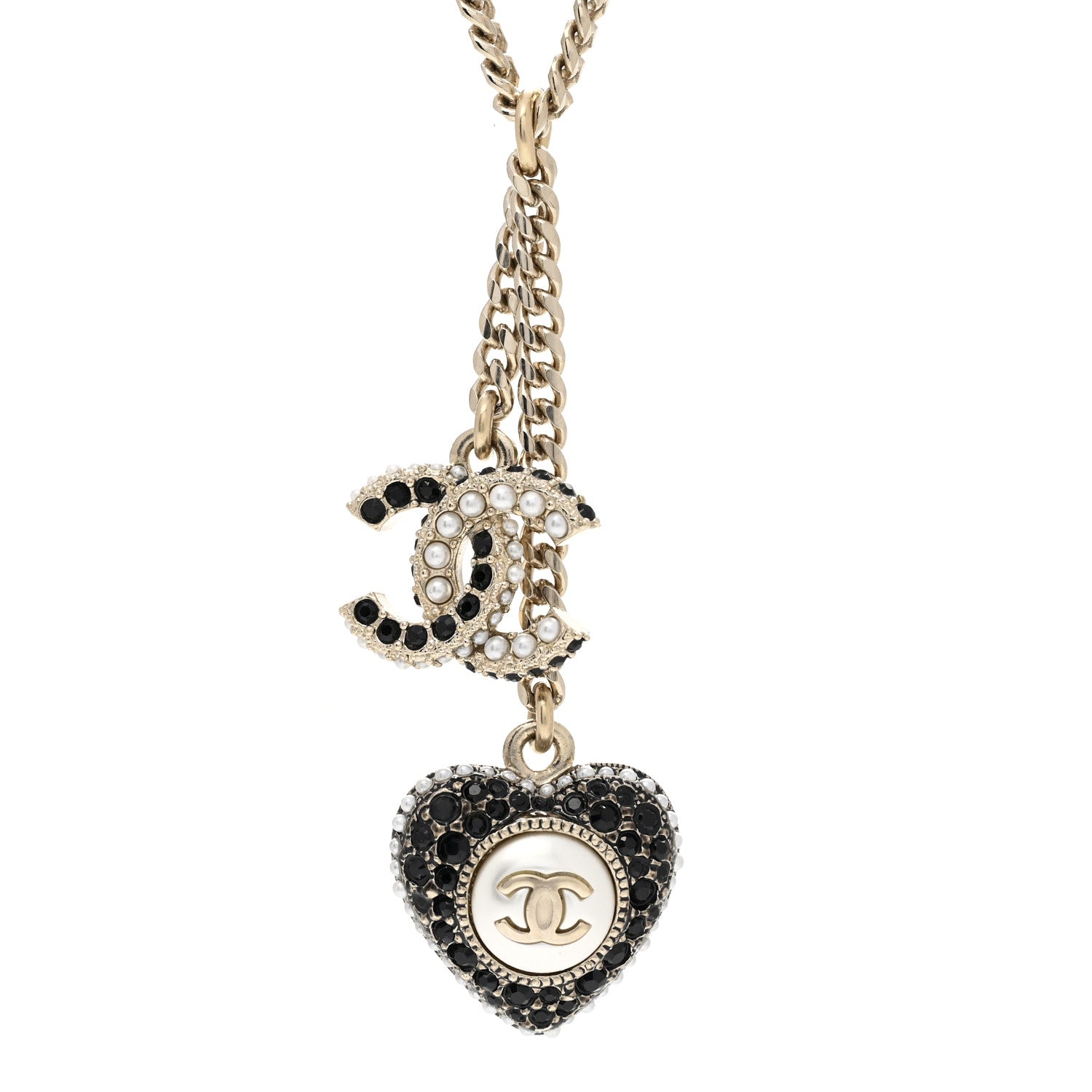 Chanel Pearl Crystal CC Heart Necklace Gold Pearly White Black 3 of 4