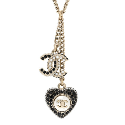 Chanel Pearl Crystal CC Heart Necklace Gold Pearly White Black 3 of 4