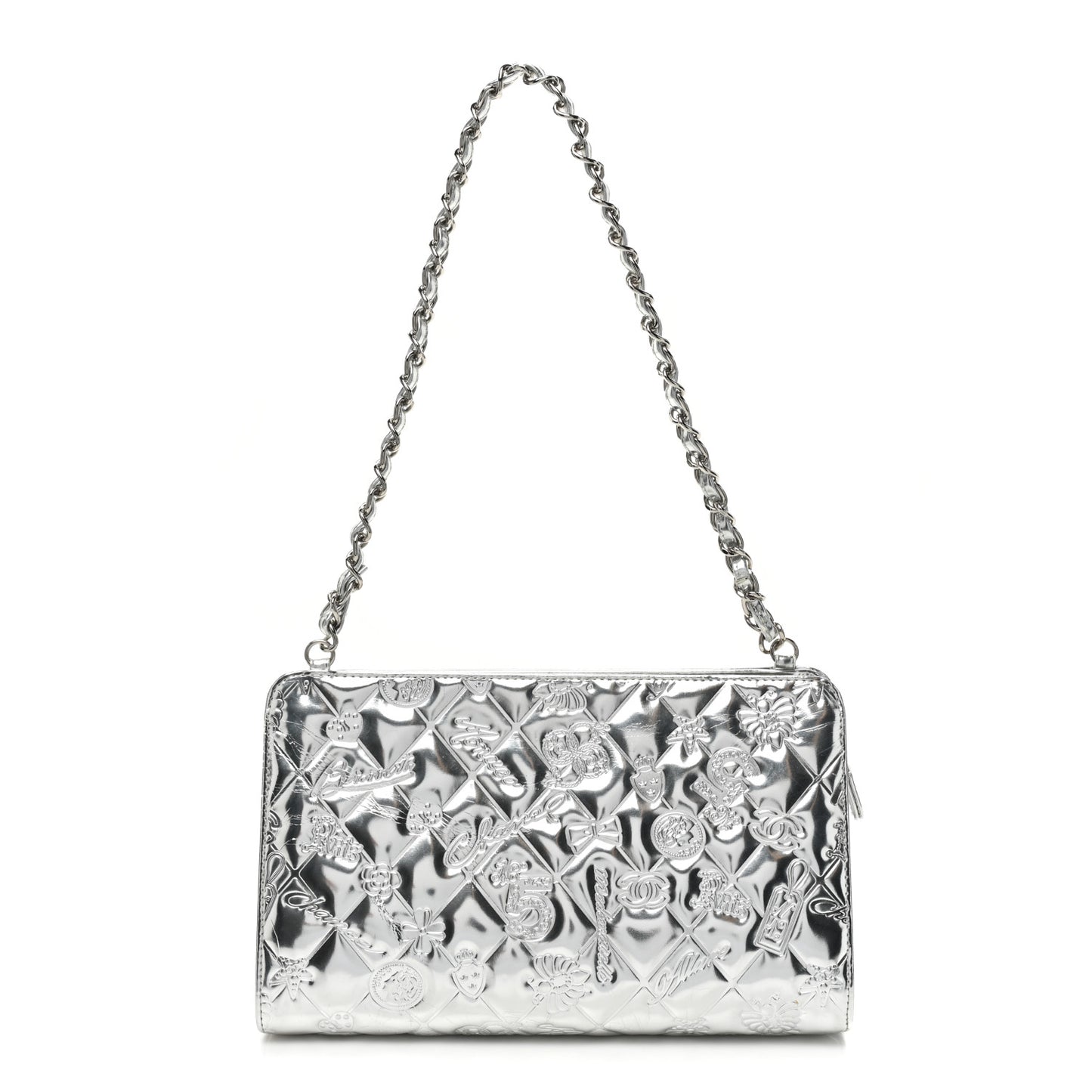 Metallic Patent Calfskin Lucky Symbols Pochette Silver