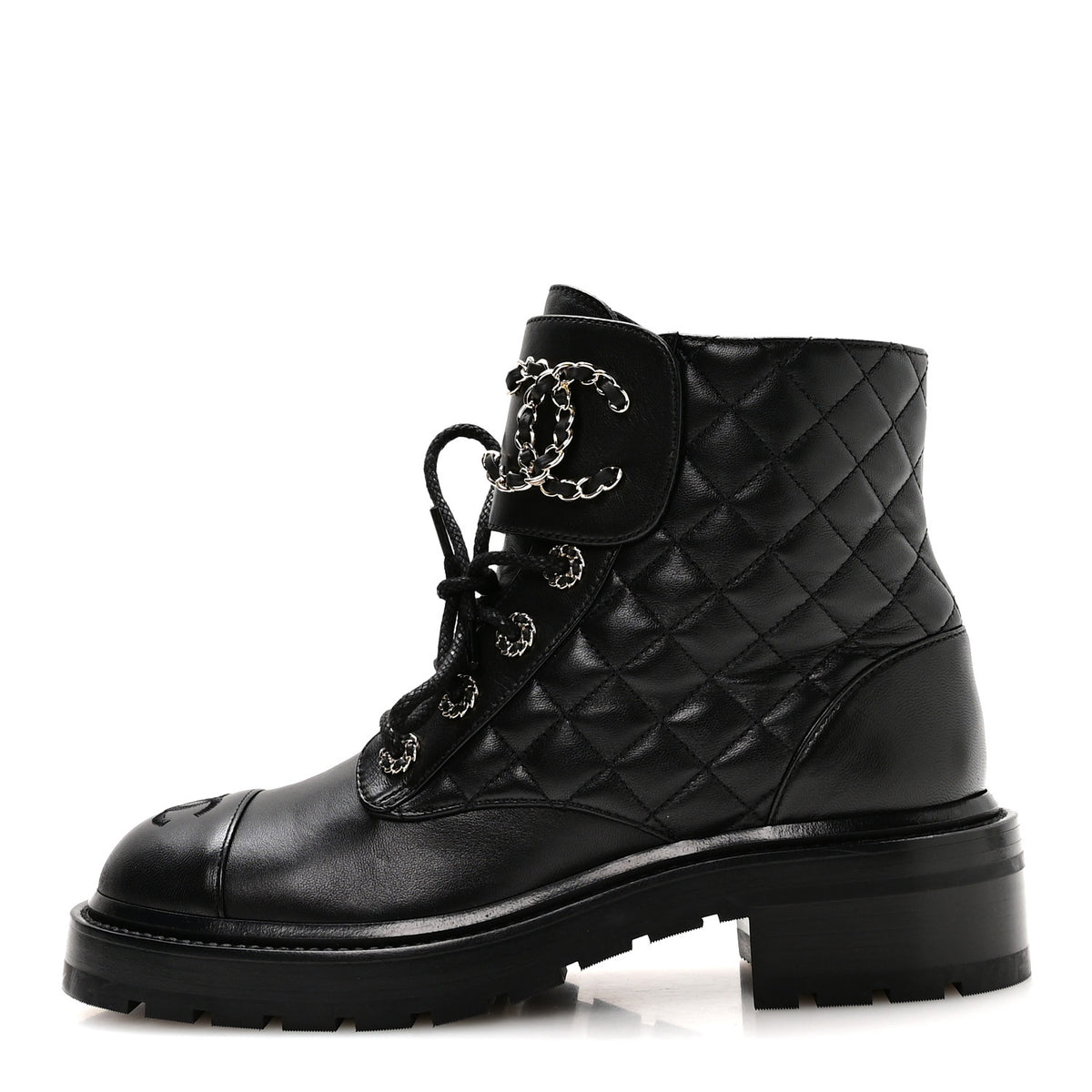 Shiny Lambskin Quilted Lace Up Combat Boots 38.5 Black