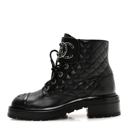 Chanel Shiny Lambskin Quilted Lace Up Combat Boots 38.5 Black 1 of 9