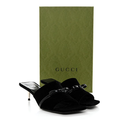 Gucci New Velvet Ashmir Regent Calfskin GG Monogram Square Toe Bow 45mm Slide Sandals 37.5 Black 9 of 9