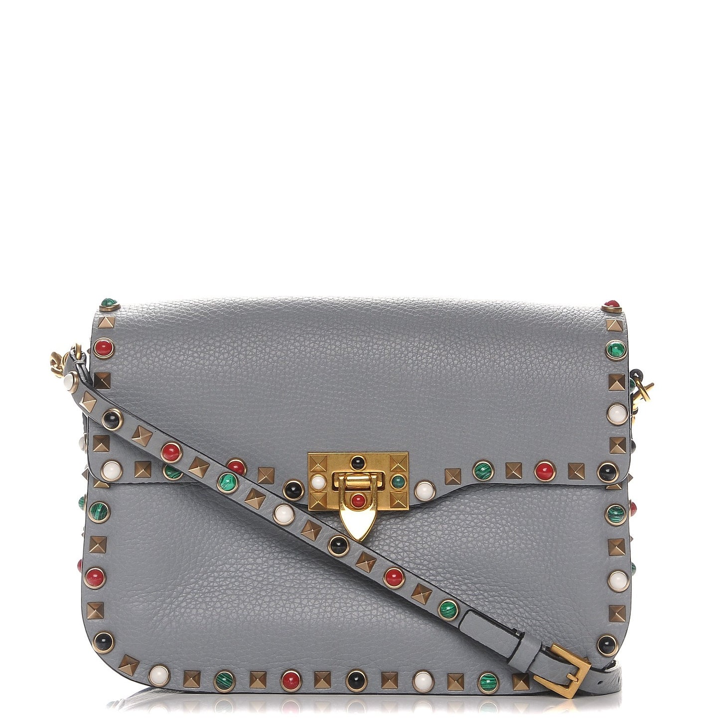 Pebbled Calfskin Medium Rockstud Rolling Flap Saddle Bag Light Stone