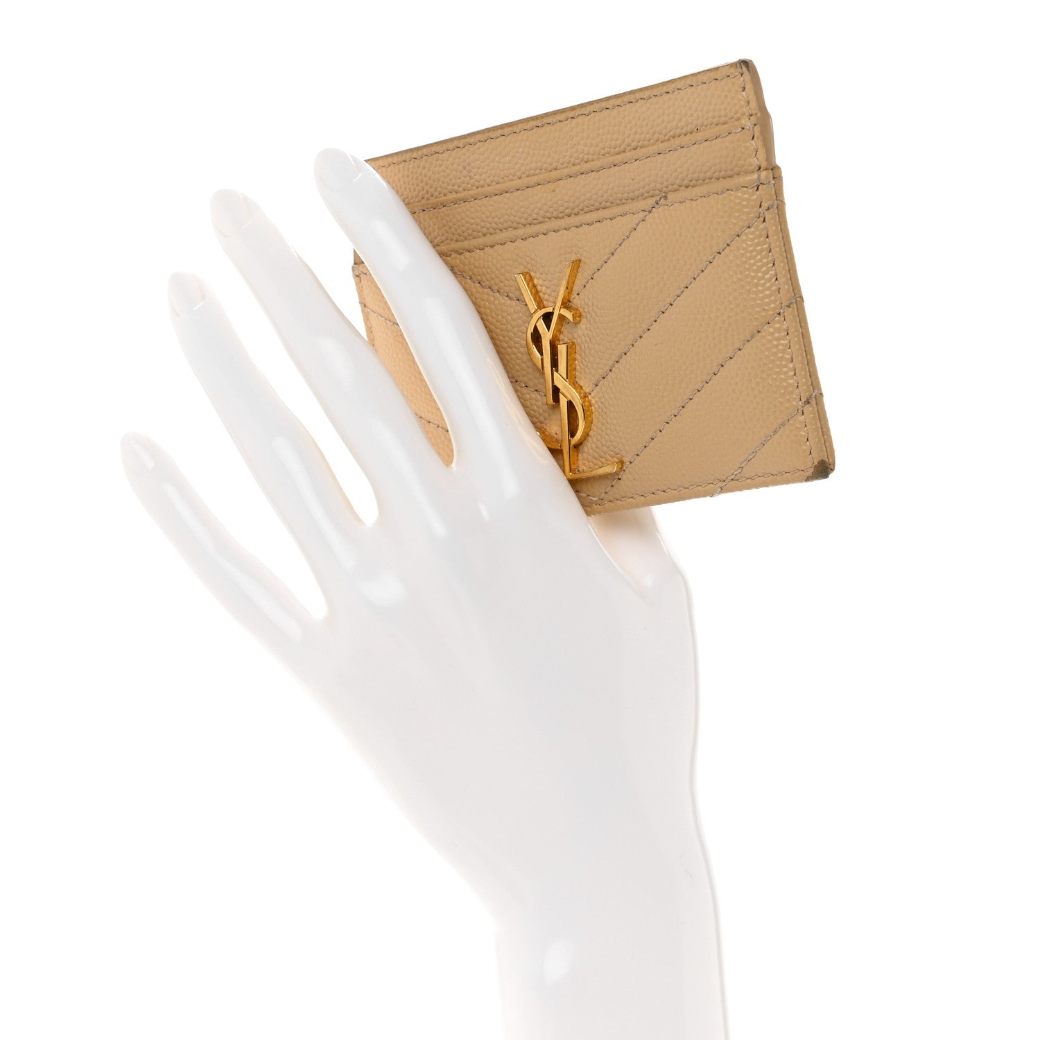 Saint Laurent Grain De Poudre Matelasse Chevron Monogram Credit Card Case Dark Beige 2 of 11