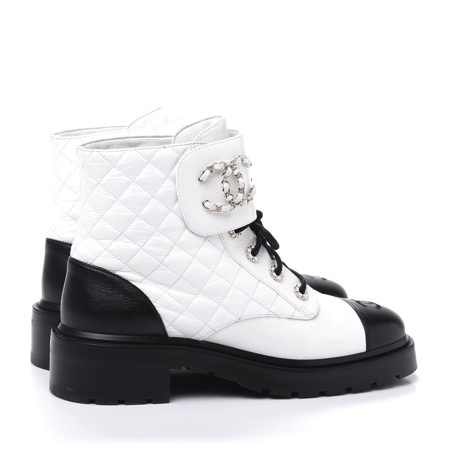 Chanel Shiny Goatskin Calfskin Quilted Lace Up Combat Boots 41 Black White 4 of 9