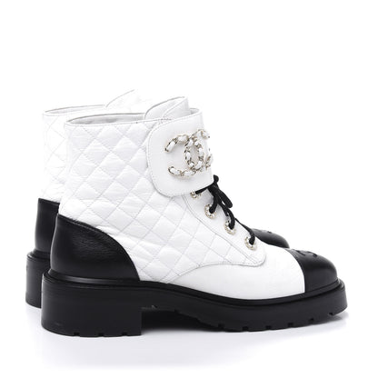 Chanel Shiny Goatskin Calfskin Quilted Lace Up Combat Boots 41 Black White 4 of 9